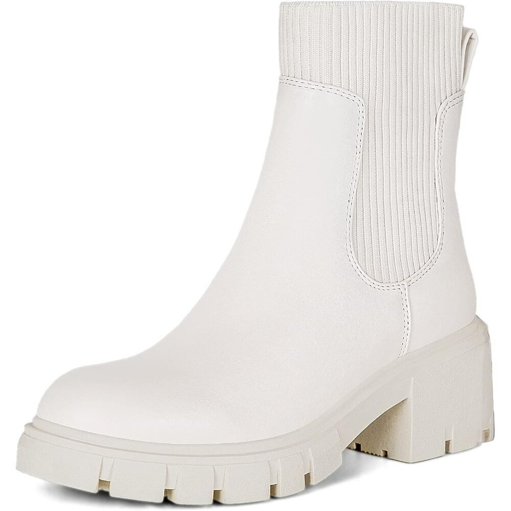 Women Cream Suede Low Wedge Heel Slip On Chunky Platform Chelsea Ankle Boots